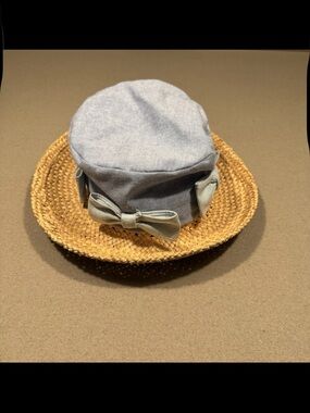 Kids Straw Sun Hat with Light Blue Fabric Crown and Bow 1990’s Oshkosh girls